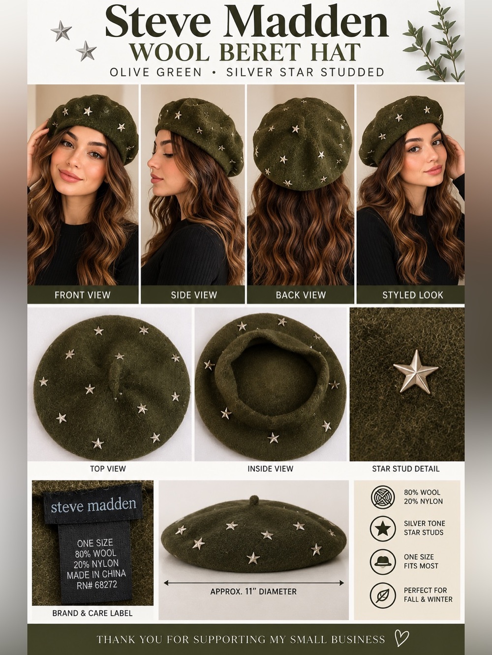 Steve Madden Wool Beret Hat Olive Green Silver Star Studded One Size